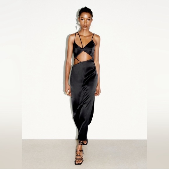 NWT Zara Asymetrical Black Midi Cut Out Dress - Picture 2 of 5